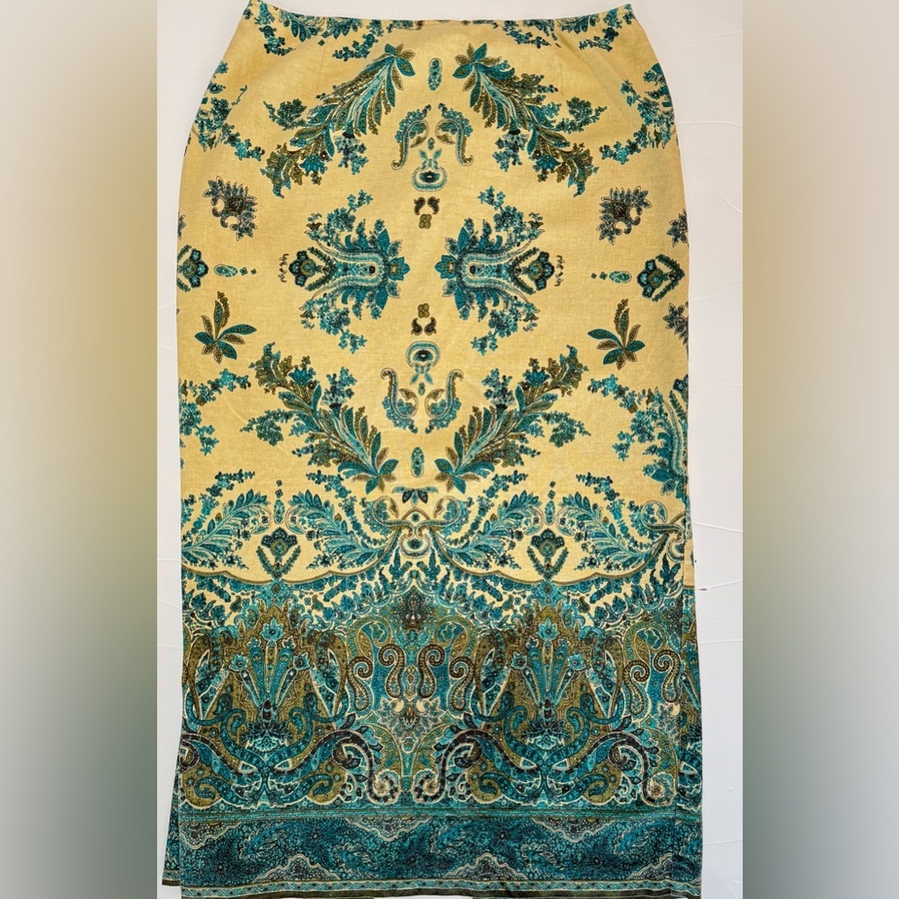 Linen Blend Paisley Midi Skirt High Waist Back Slit Size 12 Blue Tan - Picture 2 of 8